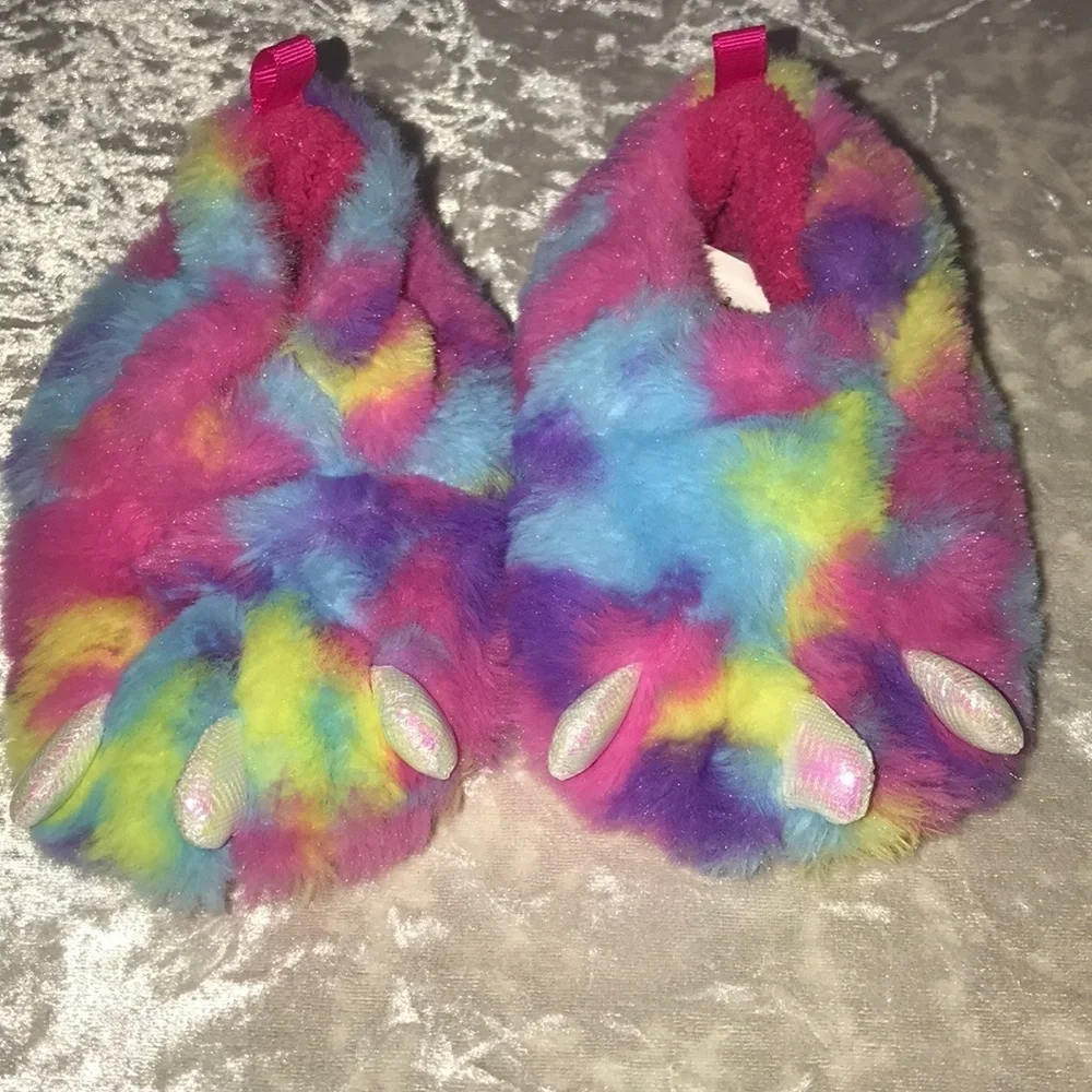 NWOT Kids monster multi colored furry slippers